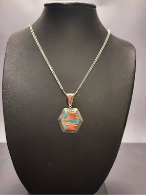 Sterling Silver Hexagon Pendant Necklace with Turquoise and Coral Inlay